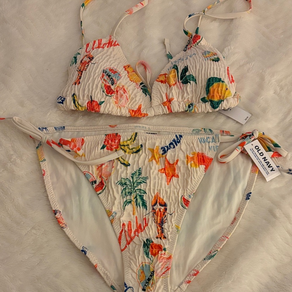 Old Navy White Tropical Print Tie Bikini with Multicolor Motifs